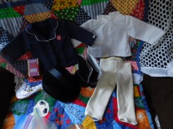 2013 AMERICAN GIRL DOLL FANCY RIDING OUTFIT JACKET, SHIRT, BREECHES, BOOTS, HELMET